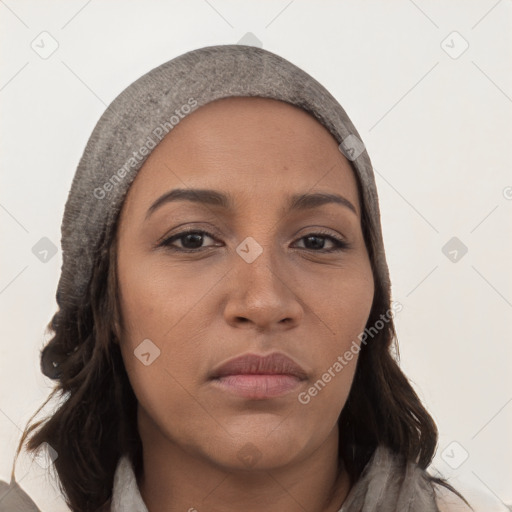 Neutral white young-adult female with long  brown hair and brown eyes