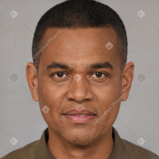 Joyful black adult male with short  brown hair and brown eyes