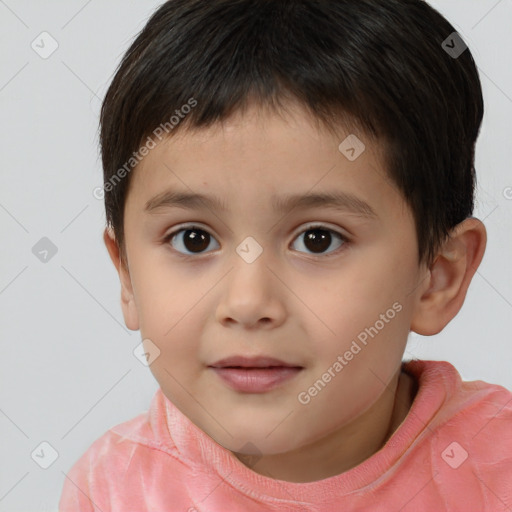 Joyful white child male with short  brown hair and brown eyes