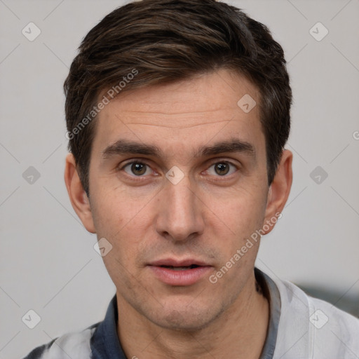 Neutral white adult male with short  brown hair and brown eyes