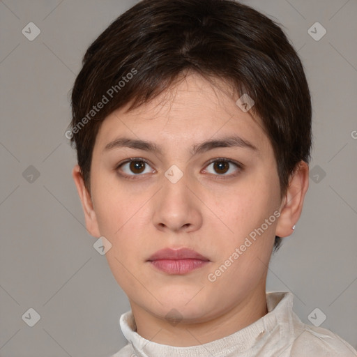 Neutral white young-adult female with short  brown hair and brown eyes