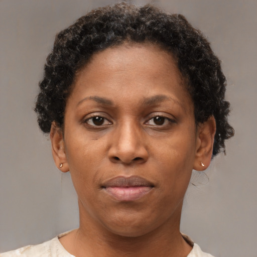 Neutral black adult female with short  brown hair and brown eyes