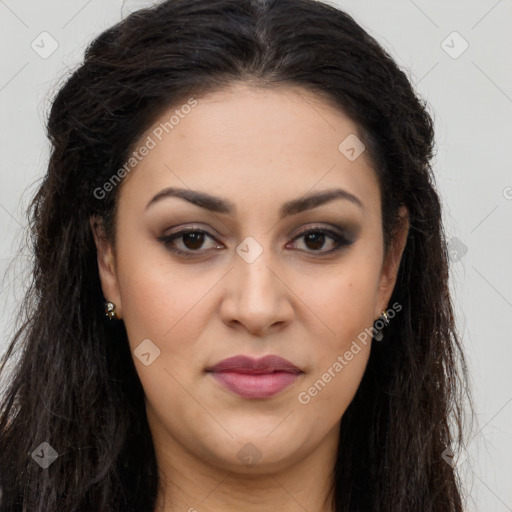 Joyful latino young-adult female with long  brown hair and brown eyes