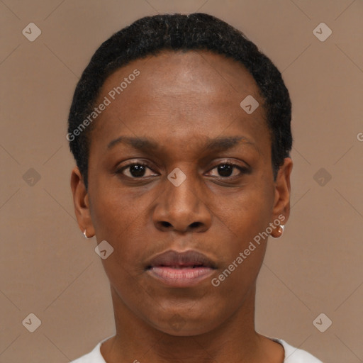 Neutral black young-adult female with short  brown hair and brown eyes