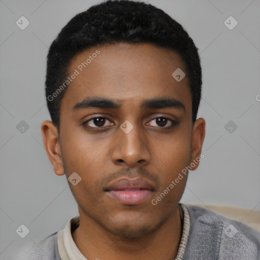 Neutral black young-adult male with short  black hair and brown eyes