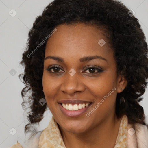 Joyful black young-adult female with medium  brown hair and brown eyes