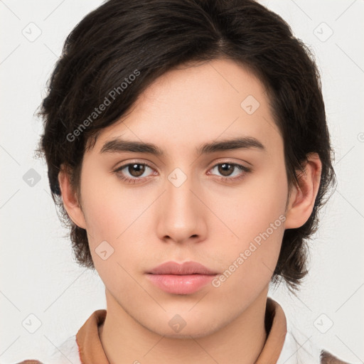 Neutral white young-adult female with medium  brown hair and brown eyes