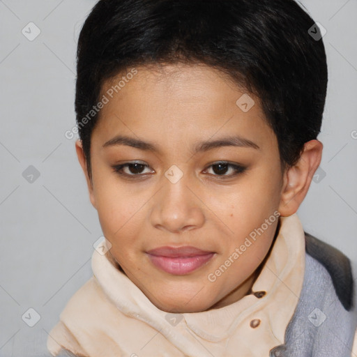 Joyful latino young-adult female with short  brown hair and brown eyes