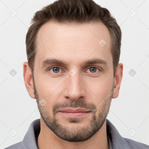 Neutral white young-adult male with short  brown hair and brown eyes