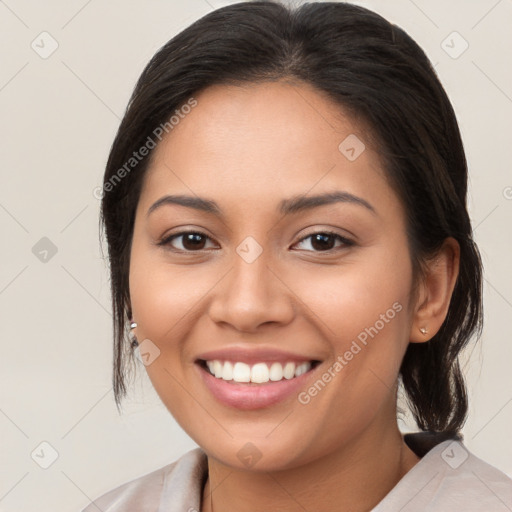 Joyful white young-adult female with medium  brown hair and brown eyes