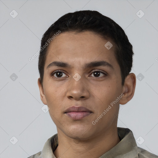 Neutral latino young-adult male with short  black hair and brown eyes