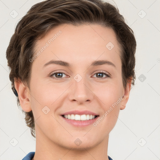 Joyful white young-adult female with short  brown hair and grey eyes