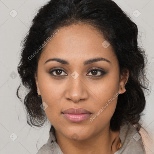 Joyful latino young-adult female with long  brown hair and brown eyes