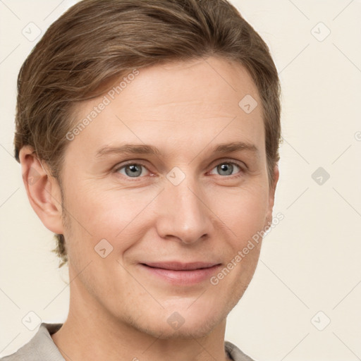 Joyful white young-adult female with short  brown hair and grey eyes