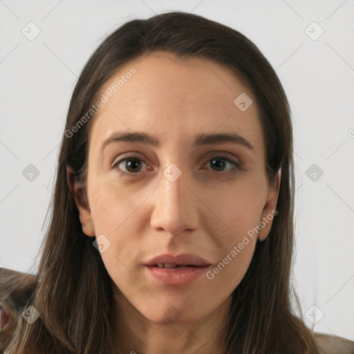 Neutral white young-adult female with long  brown hair and brown eyes