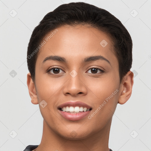 Joyful latino young-adult female with short  brown hair and brown eyes