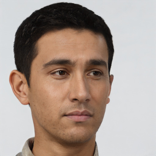 Neutral asian young-adult male with short  black hair and brown eyes