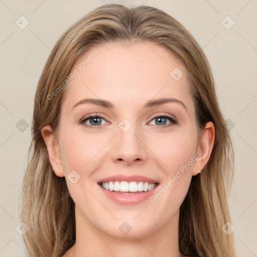 Joyful white young-adult female with long  brown hair and green eyes