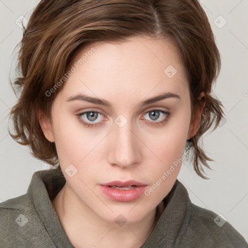 Neutral white young-adult female with medium  brown hair and blue eyes