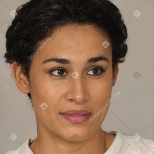 Joyful latino young-adult female with short  brown hair and brown eyes