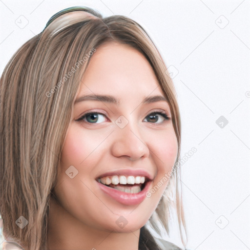 Joyful white young-adult female with medium  brown hair and blue eyes