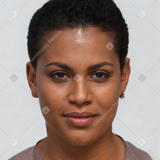 Joyful black young-adult female with short  brown hair and brown eyes