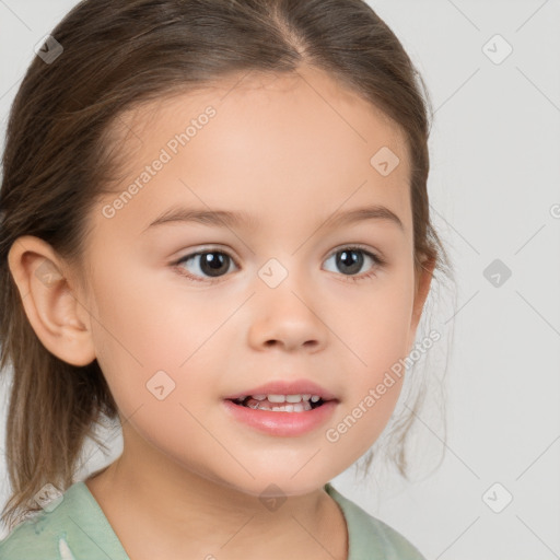 Joyful white child female with medium  brown hair and brown eyes