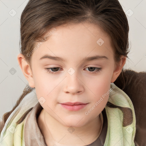 Joyful white child female with medium  brown hair and brown eyes