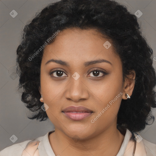 Joyful black young-adult female with medium  black hair and brown eyes