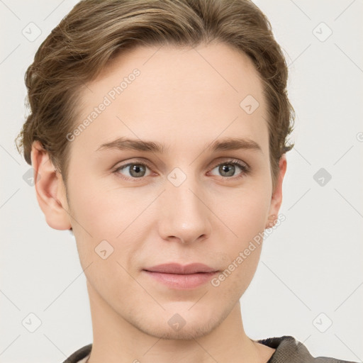 Joyful white young-adult female with short  brown hair and grey eyes