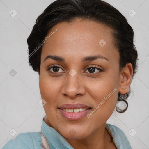 Joyful latino young-adult female with medium  brown hair and brown eyes