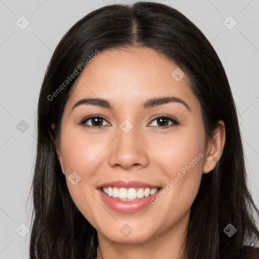 Joyful white young-adult female with long  black hair and brown eyes