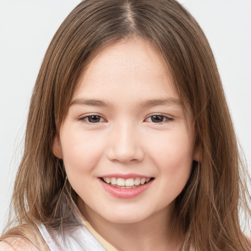 Joyful white child female with long  brown hair and brown eyes