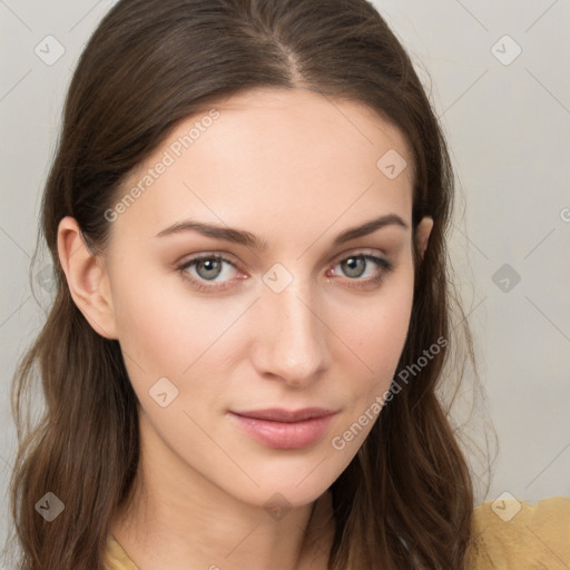 Neutral white young-adult female with long  brown hair and brown eyes