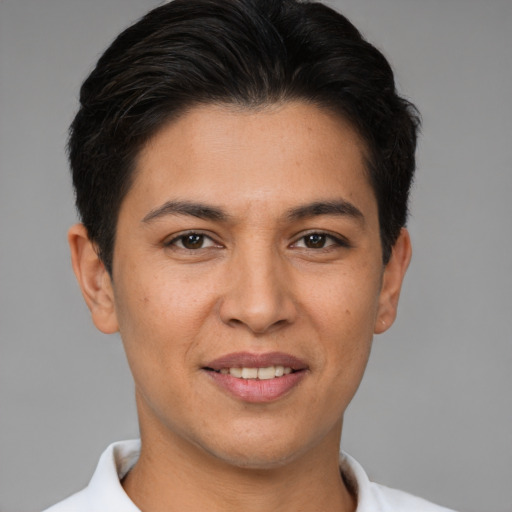 Joyful white young-adult male with short  brown hair and brown eyes