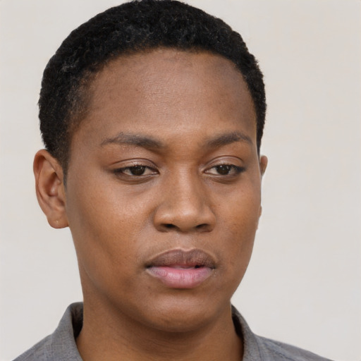 Neutral black young-adult female with short  brown hair and brown eyes