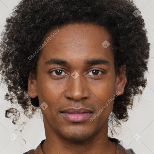 Joyful black young-adult male with short  brown hair and brown eyes