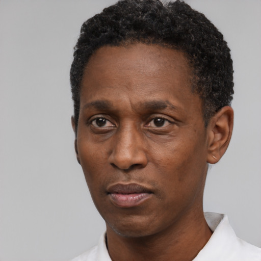 Neutral black adult male with short  black hair and brown eyes
