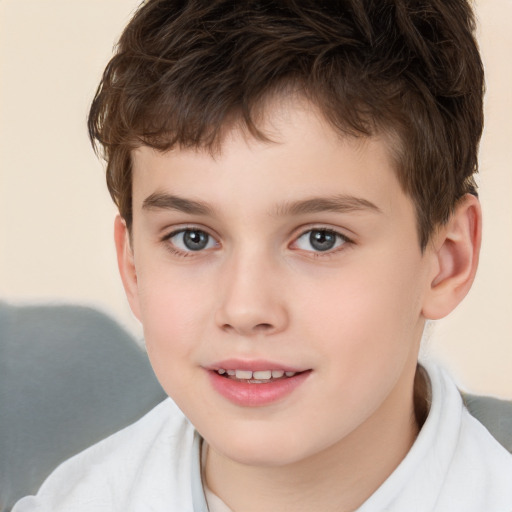 Joyful white child male with short  brown hair and brown eyes