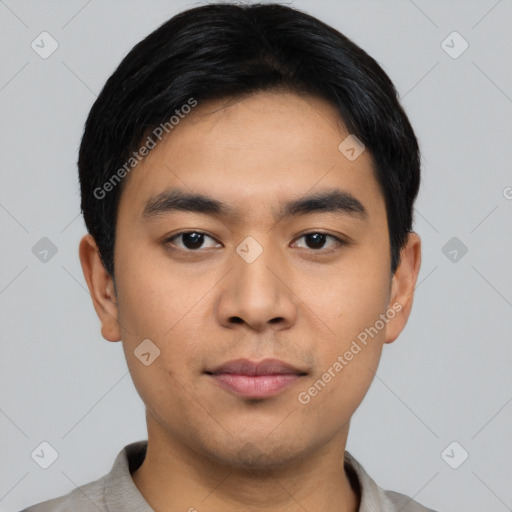 Neutral asian young-adult male with short  black hair and brown eyes