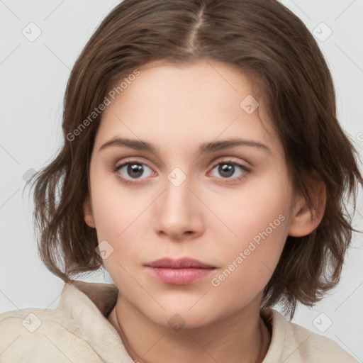 Neutral white young-adult female with medium  brown hair and brown eyes