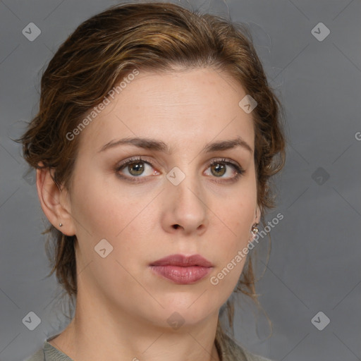 Neutral white young-adult female with medium  brown hair and brown eyes