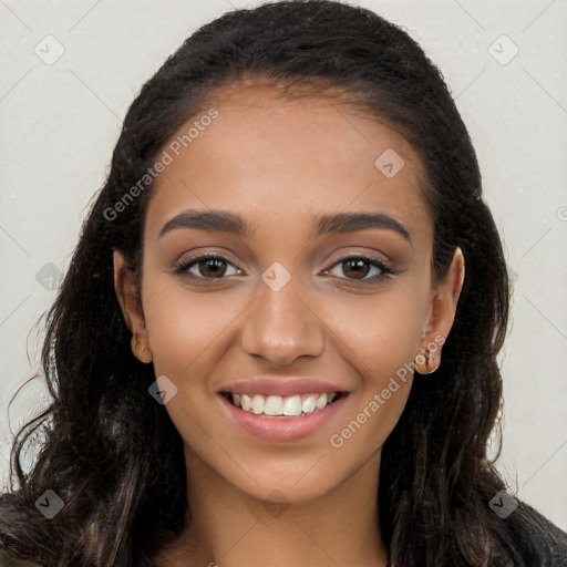 Joyful latino young-adult female with long  brown hair and brown eyes