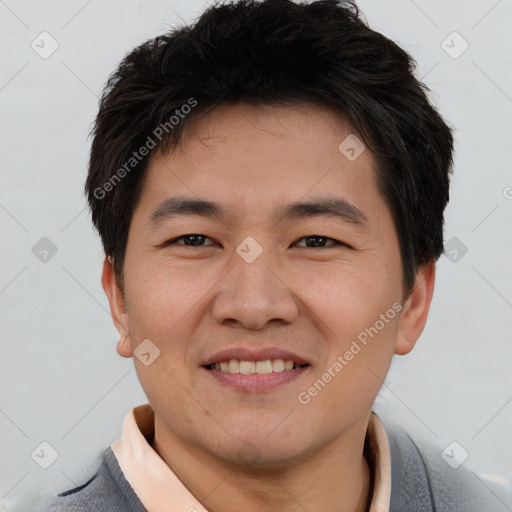 Joyful asian young-adult male with short  brown hair and brown eyes