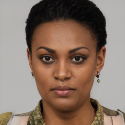 Neutral black young-adult female with short  black hair and brown eyes