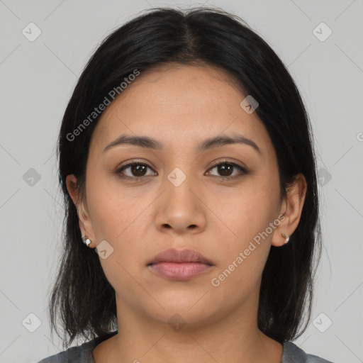 Neutral asian young-adult female with medium  black hair and brown eyes