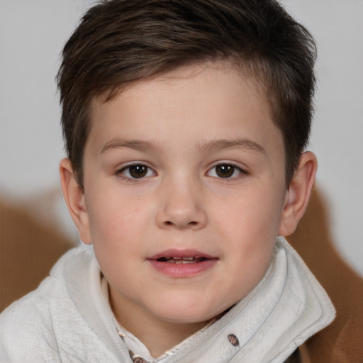 Joyful white child female with short  brown hair and brown eyes