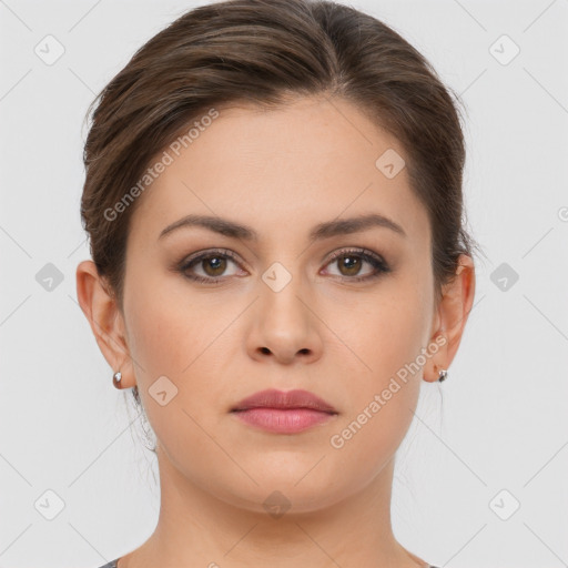 Neutral white young-adult female with short  brown hair and brown eyes