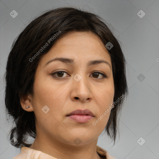 Neutral asian young-adult female with medium  brown hair and brown eyes