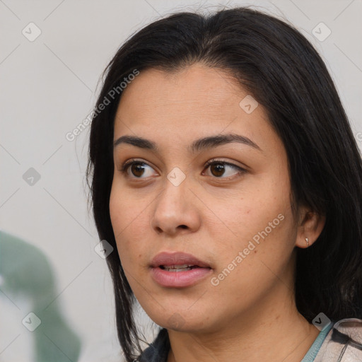 Neutral asian young-adult female with medium  brown hair and brown eyes